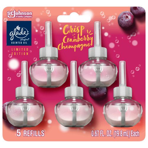 Glade PlugIns Refills Air Freshener, Scented and Essential Oils for Home and Bathroom, Crisp Cranberry Champagne, 3.35 Fl Oz, 5 Count