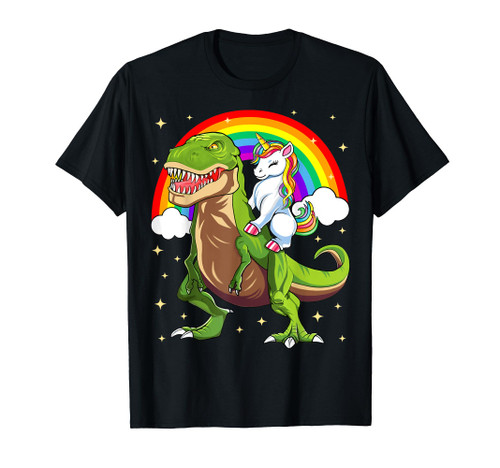 Unicorn Riding T rex Dinosaur Boys Girls Men Women Rainbow T-Shirt