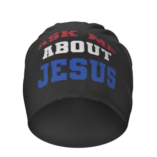 NAFSKL Ask me About Jesus Beanie Hat Men Winter Warm Hat Women Knit Stocking Hat Slouchy Skull Cap Hedging Hat Black