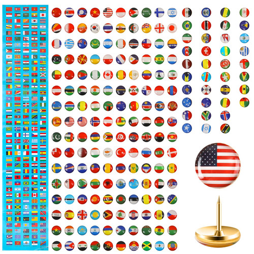 200pcs National Flag Thumb Tacks, Creative Country Flag Push Pins with Country Flag Picture Push Pins for Map Travel Map Tacks for Bulletin Boards Soft Boards Homes Offices