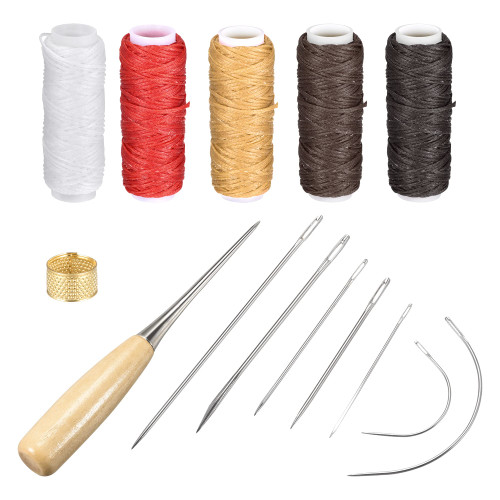 HARFINGTON Leather Sewing Threads Hand Stitching Tools Kit, Include 5 Colors Waxed Flat Cord, Needles, Stitching Awl, Thimble