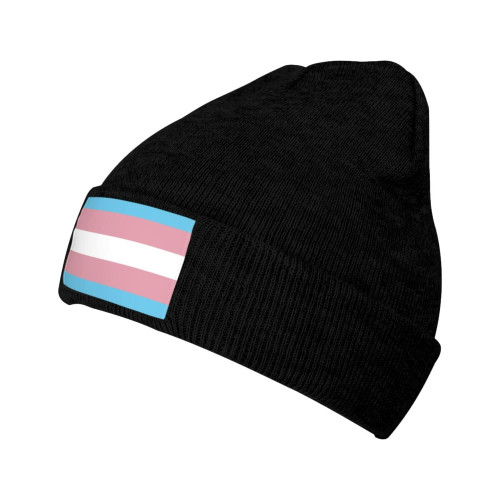 MOCSONE Transgender Pride Flag Knit Beanie Winter Hats for Men and Women Knitted Cuffed Skull Cap Acrylic Daily Beanie Hat Black