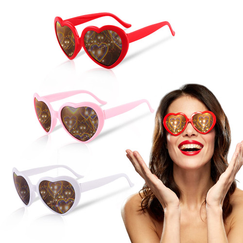 Chic Moon 3 Pairs Heart Effect Diffraction Glasses Heart Shaped Sunglasses with Heart Effect for Rave Party Music Festival Fireworks Show 3D