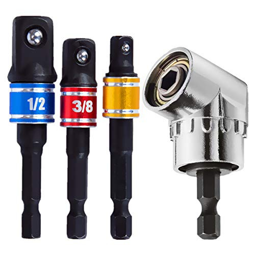 CIGOTU Impact Grade Socket Wrench Adapter Extension Set, 3Pcs 1/4" 3/8" 1/2" Hex Socket Adapter Drill Bits Set+105 Right Angle Drill Bit Adapter Attachment 1/4" Drive Hex Bit Socket Screwdriver Drill