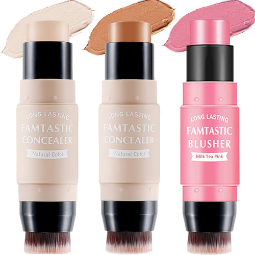 3Pcs Cream Contour Sticks with Brush, Highlighter & Bronzer & Blush, Waterproof Highlighter Cream Blush Stick Face Contouring Pen, Easy to Sculpt the Face and Create a Lightweight Finishing Makeup 3Pcs Cream Contour Sticks with Brush, Highlighter & Bronzer & Blush, Waterproof Highlighter Cream Blush Stick Face Contouring Pen, Easy to Sculpt the Face and Create a Lightweight Finishing Makeup
