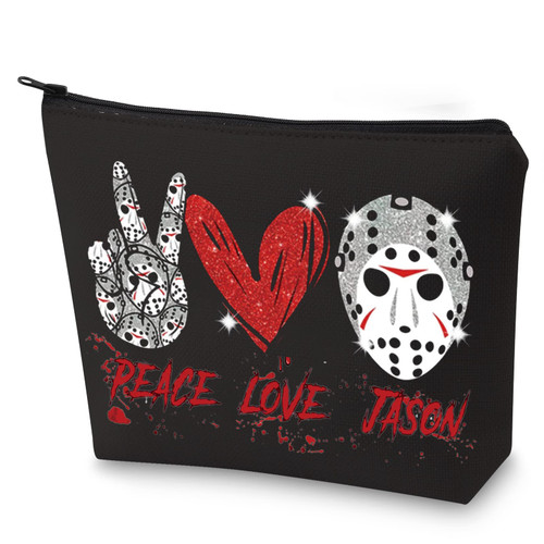 BWWKTOP Jason Voorhees Cosmetic Makeup Bag Jason Mask Fans Gifts Peace Love Jason Zipper Pouch Bag Jason Voorhees Merchandise (PEACE JASON BL)
