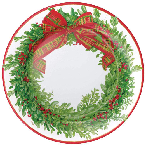 Caspari Boxwood and Berries Christmas and Holiday Wreath Paper Dinner Plates - 8 Per Package