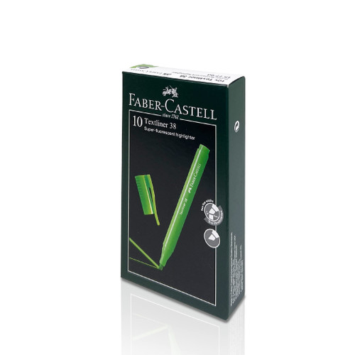 Faber-Castell Textliner 38 Highlighter Pen (Box of 10, Green) - 2 Line Widths, Super Fluorescent, Vivid Colors, Clipped Holder, Lightweight & Slim Design, for Adults & Kids