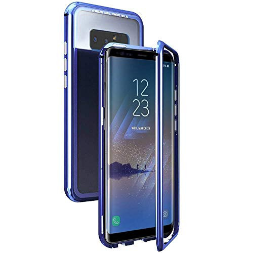 QLTYPRI Samsung Galaxy Note 9 Case, Magnetic Adsorption Metal Case Aluminum 9H Tempered Glass Back Cover [NO Screen Protector] [Support Wireless Charging] for Samsung Galaxy Note 9 - Clear Blue