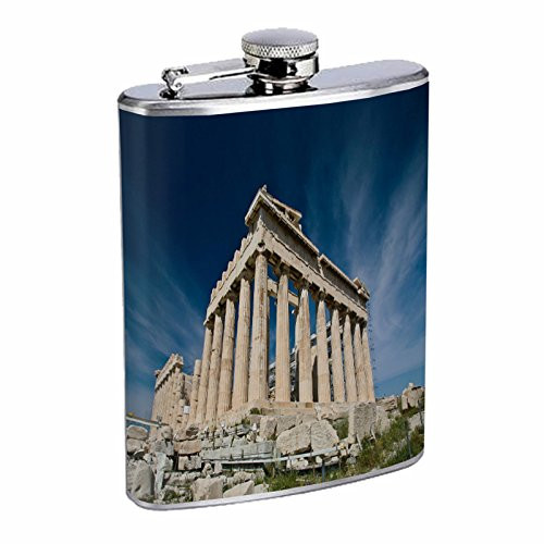 Famous Landmark Acropolis Athens Greece S2 Flask Stainless Steel 8oz Hip Silver Whiskey Drinking Spirits Liquor