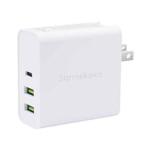 Sqrmekoko 65W USB C Charger, 3 Port Fast Wall Charger Foldable Plug, PD & QC 3.0 Charger Power Adapter (White)