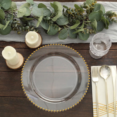 TABLECLOTHSFACTORY 10 Pack | 10" Clear/Gold Beaded Rim Plastic Dinner Plates, Disposable Round Party Plates