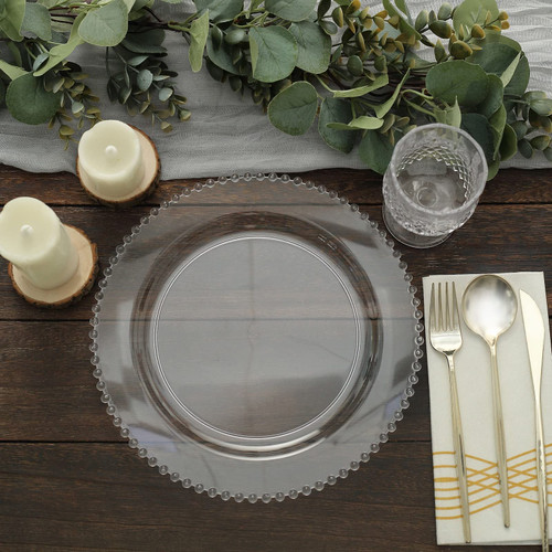 TABLECLOTHSFACTORY 10 Pack | 10" Clear Beaded Rim Plastic Dinner Plates, Disposable Round Party Plates