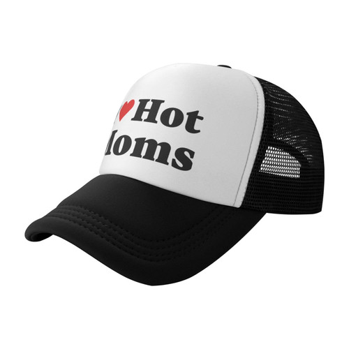 Funny I Love Hot Moms I Heart Hot Moms Gifts Baseball Cap Men Women Trucker Hat Dad Hat Mesh Cap Cool Summer Hats Black