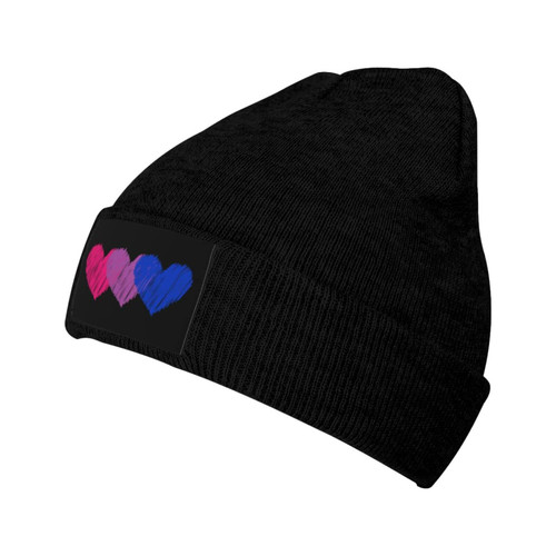 Bisexual Flag Hearts Love LGBT Bi Pride Black Beanie Hat for Men Women Winter Warm Hats Knit Hats Skull Cap