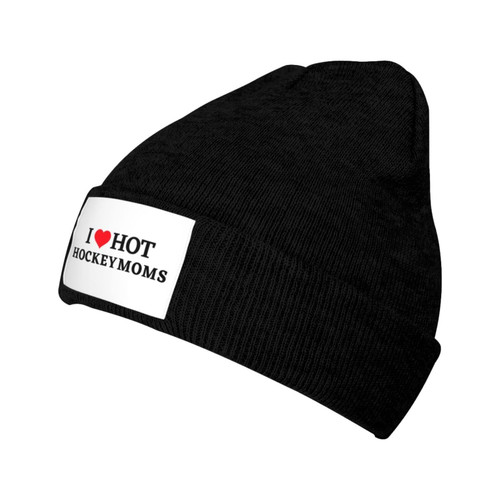 I Love Hot Hockey-Moms I Heart Hot Hockey-Moms Funny Gifts Black Beanie Hat for Men Women Warm Hats Knit Skull Cap