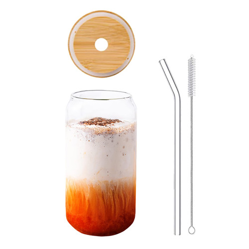 Glass Cups with Bamboo Lids and Glass Straw, Beer Can Shaped Drinking Glasses, Iced Coffee Glasses, Cute Tumbler Cup Drinking Jars for Cocktail, Whiskey, Smoothies, Boba Tea, Juice Glass Cups with Bamboo Lids and Glass Straw, Beer Can Shaped Drinking Glasses, Iced Coffee Glasses, Cute Tumbler Cup Drinking Jars for Cocktail, Whiskey, Smoothies, Boba Tea, Juice