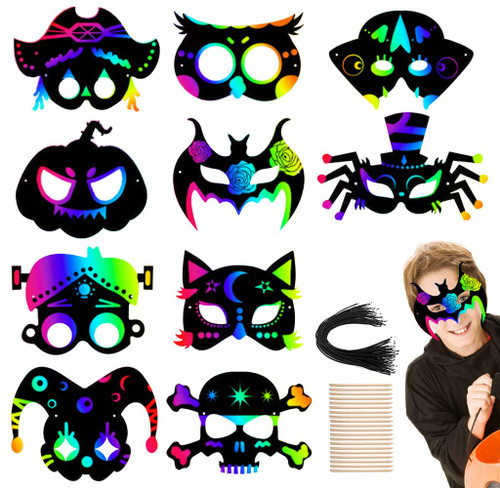 Kellegour 40 Pcs Halloween Rainbow Scratch Mask,Scratch Paper Art Mask,Halloween Mask Craft Kit for Kids,Kids Magic Scratch Paper Animal Masks,for Halloween and Animal Birthday Party