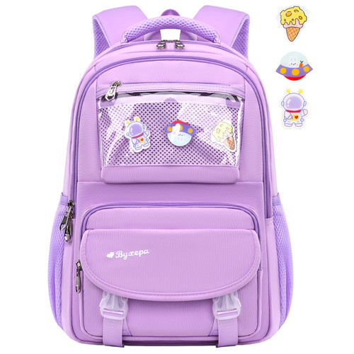 BYXEPA Girls Backpack, Kids School Backpacks with Cute Pin Accessories, Cute Book Bag for Teen Girl Kid Students Elementary Middle School, Kids' School Bag, 16in(Purple)