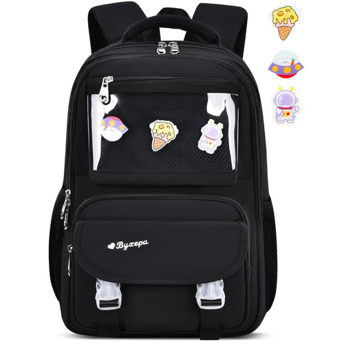 BYXEPA Girls Backpack, Kids School Backpacks with Cute Pin Accessories for Girls, Cute Book Bag for Teen Girl Kid Students Elementary Middle School, Kids' School Bag, 16in(Black)