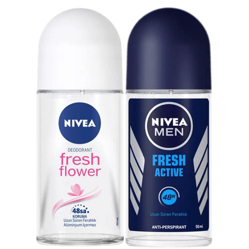 NIVEA HIS&HER ROOL ON, COUPLE, FRESH FLOWER + FRESH ACTIVE FREE ALCOHOL, ANTIPERSPIRANT DEODORANT, 48 HOURS, 1.7 OZ (PACK OF 2)