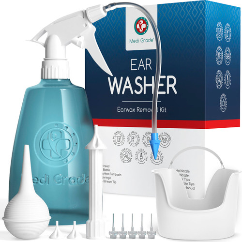 Medi Grade Ear Wax Removal Tool with Quad-stream Ear Syringe for Improved Hearing - Advanced Ear Cleaning Kit with Ear Cleaner Bottle, Basin and Ear Bulb Ear Wax Removal Syringe - Ear Wax Removal Kit