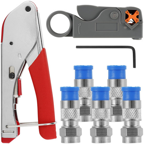 Coaxial Cable Crimper Tool Kit, Coax Cable Crimper, Professional Coaxial Compression Tool, Safe Coaxial Wire Stripper with 5 F Type RG6 Compression Connectors for RG59/RG59 Quad/RG6/RG6 Quad