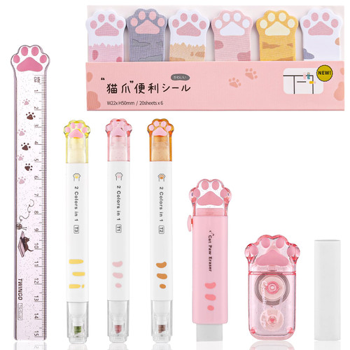 Kogcmeetl 8 Pcs Cute Cat Paw Stationery Set Kawaii School Office Supplies Including Eraser Correction Tape Highlighters Sticky Notes Ruler for Cat Lovers Students (Pink)