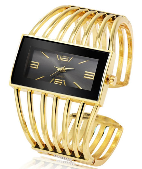 SENRUD Fashion Cuff Bracelet Watches for Women Luxury Rectangular Dial Analog Quartz Wrist Watch Gifts for Ladies (Gold Black)