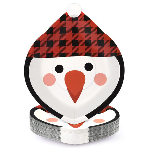 EPHYO 50 Count Christmas Paper Plates Penguin Buffalo Plaid Disposable Party Plates Oval Holiday Dinnerware for Dessert Dinner Appetizer Salad Cake Cookies Party Decoration Supplies