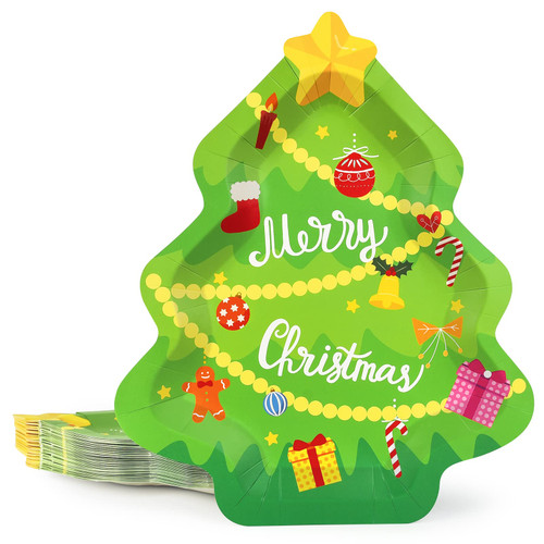 EPHYO 50PCS Christmas Paper Plates Disposable Green Christmas Tree Party Dinner Plates Large for Pizza Dessert Cookies Salad Holiday Dinnerware Party Supplies