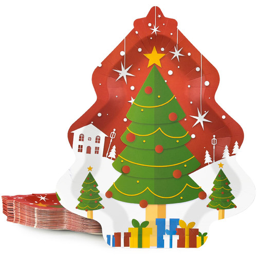 EPHYO 50PCS Christmas Paper Plates Disposable Tree Dinner Party Large Plates for Pizza Dessert Cookies Salad Holiday Dinnerware Party Supplies Red