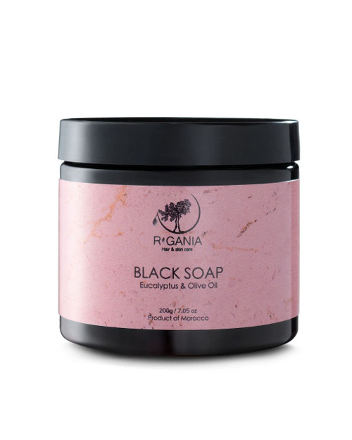 R'GANIA Moroccan Black Soap With Eucalyptus & Olive Oil 200g, Suitable For All Skin types (7oz)