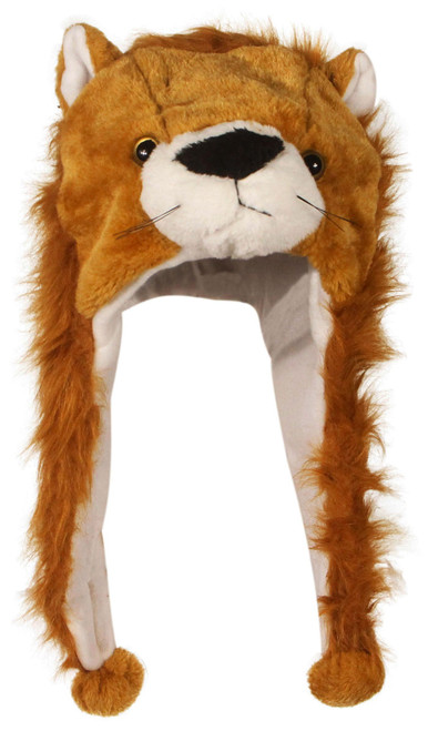 Cute Plush Animal Character Winter Hat Fun Ski Cap with Detailed Animal Face Long Ear Straps with Pom Pom Ends (Lion)