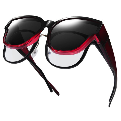 Leoidou Polarized Oversized Sunglasses Fit Over Glasses for Women Men Wear to Cover Over Glasses with Cat Eye Frame (Red, Black)