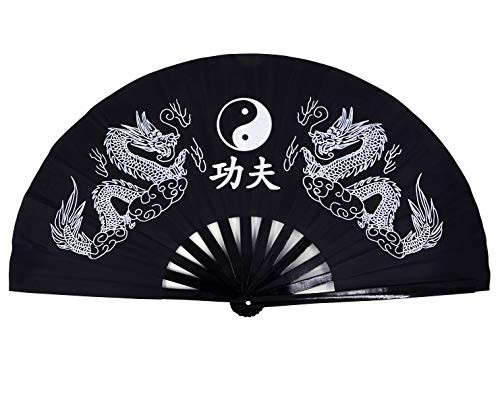 Amajiji Large Double Dragons Chinese Fan Tai Chi Kung Fu Folding Fan, Bamboo Frame Women/Men Hand Fans (Black)