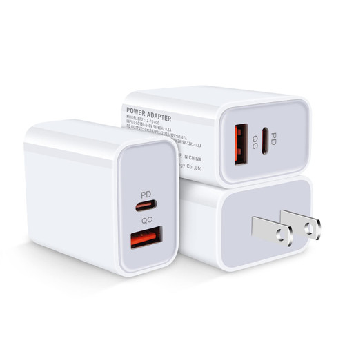 Dual-Port USB-A and USB-C Wall Charger, 3Pack 20W PD + QC 3.0 iPhone Charger Fast Charging Block for iPhone 15/15 Pro/15 Pro Max/15 Plus/14/14 Pro Max/14 Plus/13/13 Pro Max/13 Mini/12 Pro Max/11/XR/X