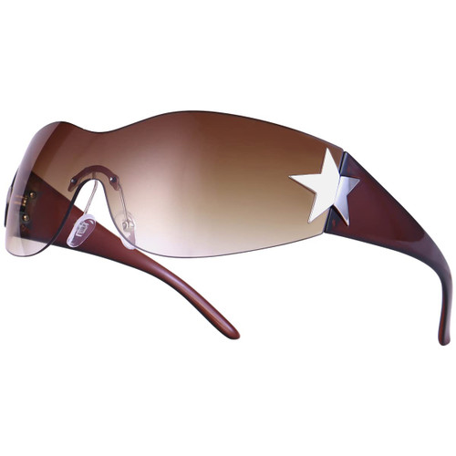 Dollger Trendy Y2K Sunglasses Women Men Rimless Wrap Around Sunglasses Fufuristic Y2K Fashion Visor 2000 Glasses Shield Brown Shades