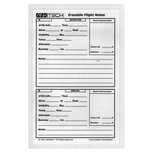 ANKTech Erasable Flight Notes Writing Pad for Kneeboard | Laminated | VFR Arrival/Departure Organizer for Pilots - 6"x9" Notes Pad Only