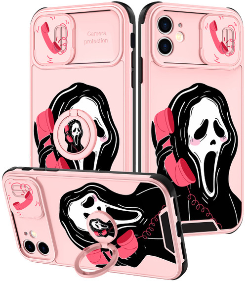Goocrux (2in1 for iPhone 12 Case Skull Skeleton Women Girls Cute Girly Pink Phone Cover Cool Funny Gothic Design with Slide Camera Cover+Ring Holder Teen Cases for iPhone12 6.1''