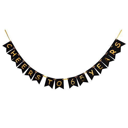 Cheers To 65 Years Banner, 65th Birthday Party Decorations, Black ? Gold Glitter Birthday Bunting