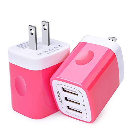 Ailkin 3 Port 3.1A USB Travel Wall Charger Station Replacement for iPhone Plug X / 8/7 / 7 Plus / 6s / 6s Plus, iPad Pro/Air 2 / Mini 3 / Mini 4, Samsung S4/S5/S6/S7/S8/S9, and More Phone(Pink, 2P)