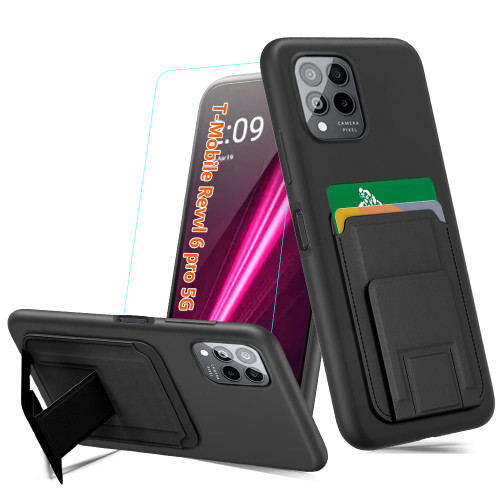 Case for T-Mobile REVVL 6 Pro 5G / REVVL 6X Pro 5G Phone Case with Tempered Glass Screen Protector Folding Kickstand/Stand Wallet Card Holder/ Slots Silicone TPU Shockproof Protective Case - Black