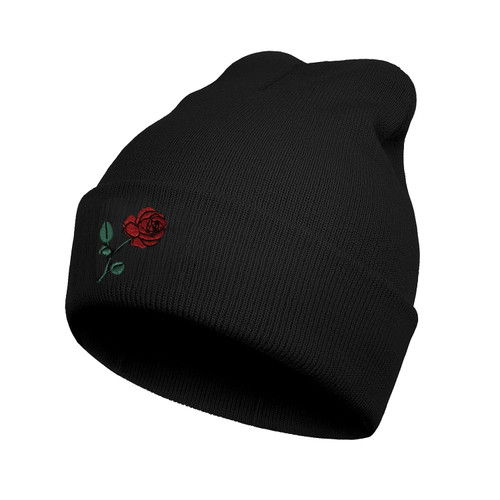 LUADSN Rose Beanie for Men Women Winter Hat Embroidered Cuffed Cap Knit Skull Hat