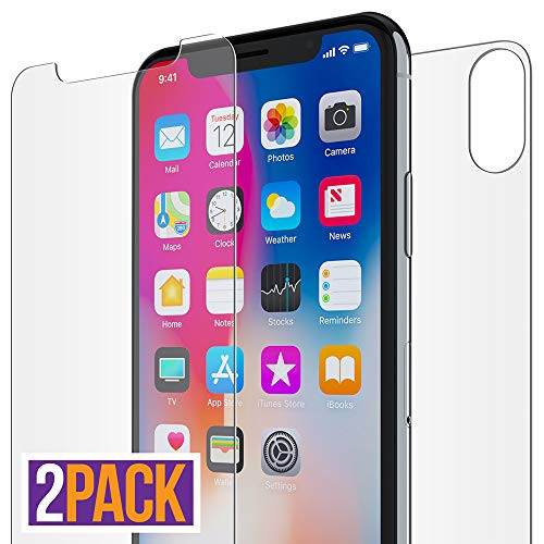 FlexGear iPhone X XS Front and Back Glass Screen Protectors, HD Clear, Tempered, Compatible w iPhone X/XS (2-Pack)