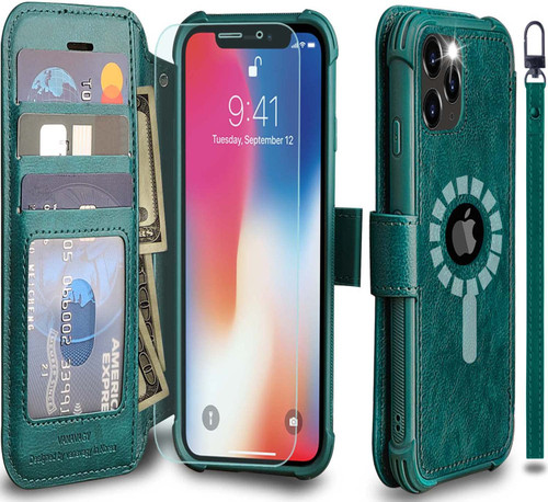 VANAVAGY iPhone 13 Pro Max Wallet Case for Magsafe,Leather Flip Wrist[Screen Protector Included][Magsafe and Wireless Charging] with RFID Block Card Holder for iPhone 13 Pro Max,Green