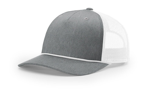 The Hat Pros | Richardson 112FPR Five Panel Pinch Trucker Hat w/Visor Rope | Adjustable Snapback (Heather Grey/White/White)