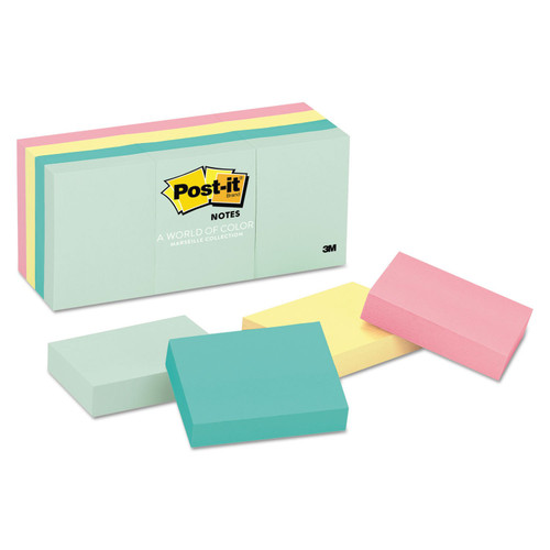 3M 653AST Post-It Note Pads, 1-1/2 x 2, Marseille Colors, 12 Pads/Pack