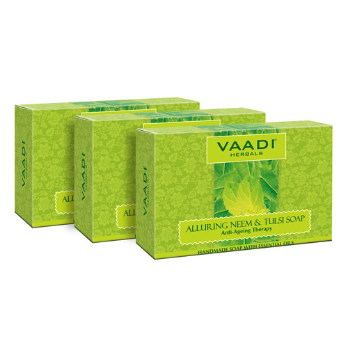 Vaadi Herbals Organic Neem Tulsi Body Soap Bar with Aloe Vera Extracts Vitamin E Tea Tree Oil Anti-aging Anti-Acne Deep Pore Cleansing Removes Pimples Oil Control Sulphate Free All Skin Type 3 X 75 Gm