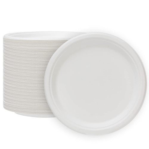 Paper Plates 9 inch- Disposable Plates Heavy Duty 100 pack 100% Compostable- Made of Bagasse Biodegradable Eco-Friendly Paper Plates Bulk for Party, Wedding, Dinner, BBQ (White)